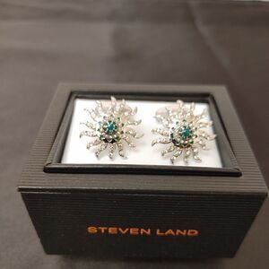 STEVEN LAND CUFFLINKS SET A AZTEC SUN SHAPED SAPPHIRE CRYSTAL GEMSTONES SILVER.